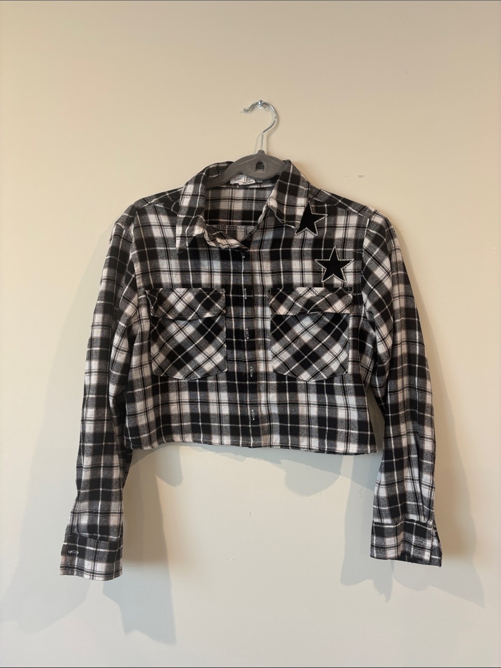 Cropped Plaid Button-Up Shirt with Star Patches